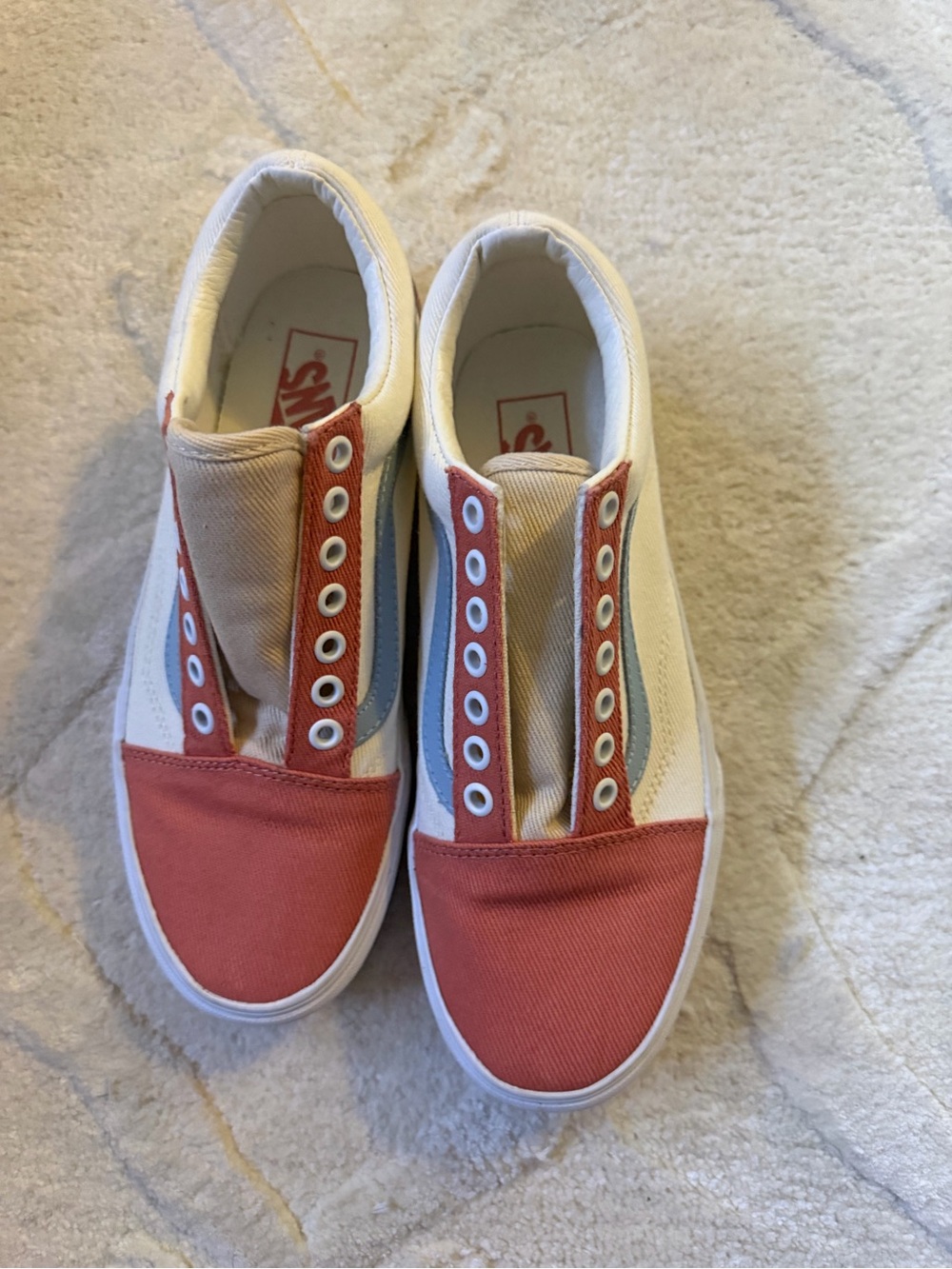 Vans Kids Slip-On Canvas Sneakers - Coral, Light Blue & White